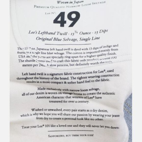 Lee 101Z W30 L34 Men's Jeans 13 3/4oz Japanese Selvedge Made in Italy Sanforized - Picture 6 of 16